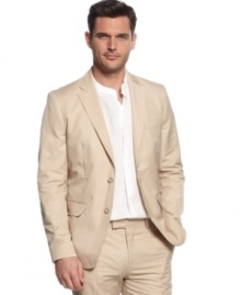 Pair this blazer with an open-collared shirt for a look that plays with formal style without selling out your casual cool. Pair this blazer with an open-collared shirt for a look that plays with formal style without selling out your casual cool.