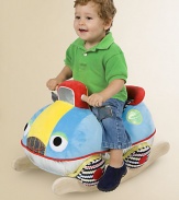 Put the pedal to the metal and rock on this soft, colorful, smiling, chubby stuffed car that sits atop a solid wooden rocker frame.About 16H X 13D X 24LSuitable for ages 1 year and upImported