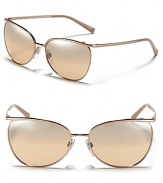 The sunglass shape of the hour--Burberry does the cat eye, dressing up the trendy style in sleek metal with check engraved sides.