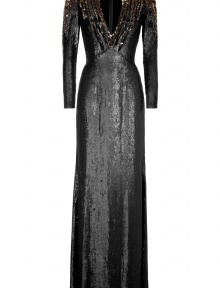 The ultimate glamorous statement piece with a fantastically modern-vintage feel, Jenny Packhams sequined floor-length gown is an immaculately crafted masterpiece, guaranteed to set your look soaring - Deep V-neckline, long sleeves, slit cuffs, hidden back zip, short train - Form-fitting silhouette, floor-length - Team with a dusting of fine jewelry and flawless accessories