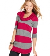 Integrate a powerful print into your closet of knits with this striped, cowl neck tunic from Pink Rose!