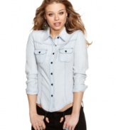 Don this lightweight denim-inspired top from GUESS? with a pair of skinny jeans for a chic, everyday look that you can depend on!