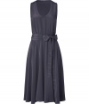 Stylish sleeveless dress in fine grey silk - Elegant, feminine silhouette and on-trend midi cut - Slim bodice and full skirt with soft pleat detail - Round neckline and figure-flattering bow sash belt - A modern and sophisticated must for office, leisure, and casual events - Pair with a cropped leather jacket or long cardigan and pumps