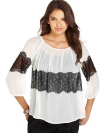 Show your love for lace with this airy three-quarter-sleeve peasant top from BCX! Pair it with a simple tank top and jeans for an effortless casual-chic look. Show your love for lace with this airy three-quarter-sleeve peasant top from BCX! Pair it with a simple tank top and jeans for an effortless casual-chic look.