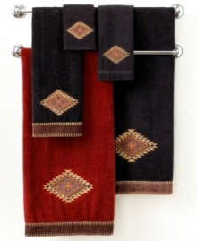 Style your bath with the spirit of the Southwest. Featuring an embroidered Aztec medallion appliqué and fringe trim, the Mojave fingertip towel invigorates your bath with rich color and stunning details. Style your bath with the spirit of the Southwest. Featuring an embroidered Aztec medallion appliqué and fringe trim, the Mojave fingertip towel invigorates your bath with rich color and stunning details.