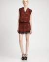 Silk v-neck dress in a preppy-chic plaid print with gathered cap sleeves, an elasticized drop waist and a seductive lace hem. V-neckGathered cap sleevesButton frontElasticized drop waistLace hemAbout 17 from natural waistSilkDry cleanImportedModel shown is 5'10 (177cm) wearing US size Small.