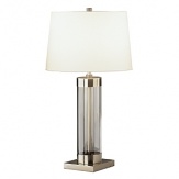 Table lamp with full range dimmer switch. Clear glass cylinder with dark antique nickel accents. Off white cotton shade with rolled edge hem.
