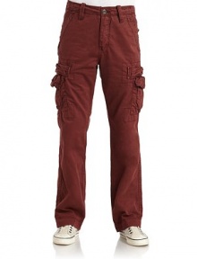 THE LOOKTopstitching detailsBanded waist with belt loopsFront zip with button tab closureSide seam pocketsSide flap cargo pockets with triangle detailBack logo patchBack snap flap pocketsTHE FITRise, about 11Inseam, about 31THE MATERIALCottonCARE & ORIGINMachine washImported