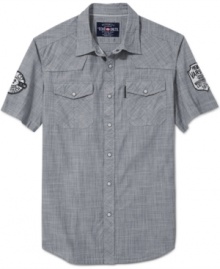 Step up your casual style with this rad button-front shirt from Ecko Unltd. Step up your casual style with this rad button-front shirt from Ecko Unltd.