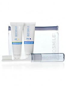 Keep your smile healthy and radiant no matter where you land with our perfectly portable Jet Set Travel Kit. Our AM and PM Toothpastes and a travel toothbrush, nestled snugly in a chic and functional zip bag helps you stick to your beautiful smile routine in any time zone.Includes 1 oz. AM Toothpaste, 1 oz. PM Toothpaste, plus a travel toothbrush. 5 W x ½ D x 4 H 