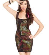 A lace overlay subdues the bold and colorful print on this body-hugging number from Material Girl -- a wild rendition of the trend-right lace dress!