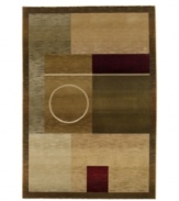 A simple circle within a panel design creates a rug of abstract beauty with tribal allure. The rich palette of beige, olive, khaki and plum features striated accents and subtle gradations for a softly weathered effect.