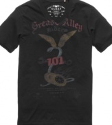 Top off your rugged casual look with this grease alley graphic t-shirt from Guess.