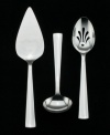 Softly angular, this unique flatware set features a gently dipped handle design with subtle embossed arches. Includes a cake server, gravy ladle and pierced tablespoon.