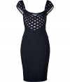 Flaunt your figure and your impeccable sense of style in this body-con bandage dress from celeb favorite Herv? L?ger - Cap sleeves, square neck, crisscross patterned bodice, figure-enhancing bandage panels and seaming, back and side seam details, concealed back zip closure - Style with classic platform pumps and a studded clutch