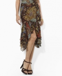 Lauren by Ralph Lauren's flowing silk georgette skirt is crafted with two ruffled tiers for feminine, fluid movement. Lauren by Ralph Lauren's flowing silk georgette skirt is crafted with two ruffled tiers for feminine, fluid movement.