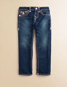 Stylish and sweet, this adorable pair of mini-me jeans has requisite, heritage-inspired, contrast stitching and silver hardware for added flare.Front button closureWaistband with belt loopsZip flyFive-pocket style98% cotton/2% spandexMachine washImported of domestic fabric
