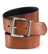 Reversible belt with heavy stitching, logo at the end. Brushed buckle and keeper.