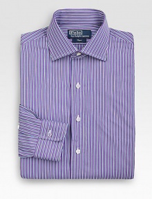A trim-fitting look in crisp, two-ply cotton with preppy stripes for a refined look. Buttonfront Moderate spread collar Embroidered logo detail Cotton Machine wash Imported A trim-fitting look in crisp, two-ply cotton with preppy stripes for a refined look. Buttonfront Moderate spread collar Embroidered logo detail Cotton Machine wash Imported