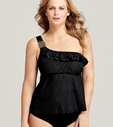 Diamond-patterned crochet adds textural appeal to this Becca Etc. tankini, rendered in a sleek one-shoulder silhouette and accented with an ornate decoration.