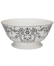 Oleg Cassini weaves a table of playful sophistication with the Ava centerpiece bowl, featuring lacy flowers and dots embossed and hand painted in black and white. Oleg Cassini weaves a table of playful sophistication with the Ava centerpiece bowl, featuring lacy flowers and dots embossed and hand painted in black and white.