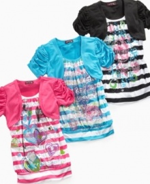 Artist appeal. Graffiti type graphic prints with sparkles and an attached shrug will channel her creative side in this shirt from Tempted.