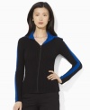 Lauren by Ralph Lauren's stylish rib-knit lends chic warmth to a classic full-zip cardigan, rendered in soft, lightweight cotton with sleek contrasting stripes.