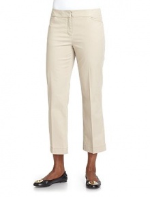 THE LOOKBanded waistFront zip with double hook closureSide pocketsStraight legBack dartsBack button besom pocketTHE FITRise, about 9Inseam, about 26THE MATERIAL57% cotton/40% lyocell/3% spandexCARE & ORIGINMachine washImportedModel shown is 5'9½ (176cm) wearing US size 4. THE LOOKBanded waistFront zip with double hook closureSide pocketsStraight legBack dartsBack button besom pocketTHE FITRise, about 9Inseam, about 26THE MATERIAL57% cotton/40% lyocell/3% spandexCARE & ORIGINMachine washImportedModel shown is 5'9½ (176cm) wearing US size 4.
