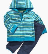 Style him sweetly with this adorable hoodie and pants set from First Impressions, with adorable stripes to add cute color.