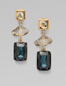 This sparkling, 24k goldplated brass and pewter design features three pretty stones in an elegant drop style. 24k goldplated brass and pewterGlass stonesDrop, about 2½Clip-on backMade in USA This sparkling, 24k goldplated brass and pewter design features three pretty stones in an elegant drop style. 24k goldplated brass and pewterGlass stonesDrop, about 2½Clip-on backMade in USA