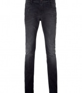 Stylishly distressed, these vintage-inspired jeans from Closed are a must-have casual staple - Classic five-pocket styling, straight leg, slim fit, logo detail at fly, faded dark wash denim - Wear with a long sleeve henley, a shawl collar cardigan, and leather ankle boots
