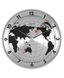 Time traveler. A red secondhand jets around the globe on this metal wall clock, featuring an aluminum dial and sound-free movement. From Opal Clocks. Time traveler. A red secondhand jets around the globe on this metal wall clock, featuring an aluminum dial and sound-free movement. From Opal Clocks.