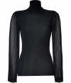 After-dark looks get a decidedly feminine finish in Emilio Puccis ultra glamorous soft wool pullover, finished with pleated long sleeves in exquisitely chic billowing sheer silk - Turtleneck, long pleated sleeves, gathered buttoned cuffs, slim straight fit - For a futuristic finish, team with jet black separates and a shimmer of metallic accessories