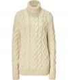 Super cozy in chic ecru stretch wool, Michael Kors cable knit pullover counts as an ultra luxe, multi-season must - Turtleneck, long sleeves, ribbed trim, slim straight fit - Pair with favorite skinnies and sleek ankle boots