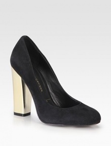 Buttery suede pump with a metallic lacquered heel is the perfect choice for a night out. Suede and metallic lacquered heel, 4¼ (110mm)Suede upperLeather lining and solePadded insoleImported