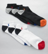 Infuse some colorful comfort in your weekday routine with the supportive cushioning and moisture-wicking design of this preppy pack of Polo socks.