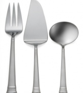 A truly elegant design that will enhance any table setting. The Carina Matte pattern incorporates a brushed 18/10 stainless steel handle into a neoclassical-looking motif that adorns the top and neck of the handle. 3-piece set includes a cold meat fork, gravy ladle and pastry server. Dishwasher safe.