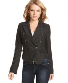 Give your everyday look a military finish with this chic, double-breast blazer from Guess?.