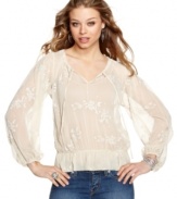 Dreamy chiffon and an artful floral print unite gracefully on this blouson top from GUESS? -- a lovely companion to your number one jeans!