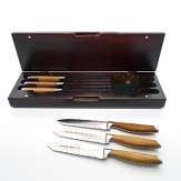 German stainless steel harmonizes with Asian teak wood on this superior set of six 5 double edge steak knives in a wooden storage box from Schmidt Brothers for an aesthetically pleasing and exceptionally precise collection.