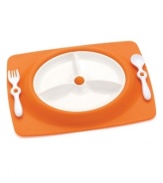 Baby's first place setting! This food-safe, dishwasher safe and refrigerator safe plate, utensil and tray set is a fun essential!