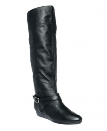 With their timeless yet stylish design, you'll get long-lasting wear from Chinese Laundry's tall leather Triple Play boots. Embellished with buckle hardware, they feature a comfortable stacked demi-wedge heel. With their timeless yet stylish design, you'll get long-lasting wear from Chinese Laundry's tall leather Triple Play boots. Embellished with buckle hardware, they feature a comfortable stacked demi-wedge heel.