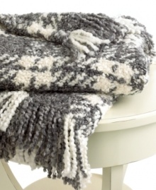 Beat the cold with this super-soft throw from Lauren by Ralph Lauren. Features a boucle plaid knit in gray and cream hues for a cozy addition anywhere in your home. Finished with a 3 fringe. Beat the cold with this super-soft throw from Lauren by Ralph Lauren. Features a boucle plaid knit in gray and cream hues for a cozy addition anywhere in your home. Finished with a 3 fringe.