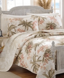 Perfect palm trees create a relaxing oasis in this Bonnie Cove sham from Tommy Bahama Home. Accompanied by blooming exotic florals and a soothing, airy palette for a fresh appeal. Reverses to a tonal palm tree print.