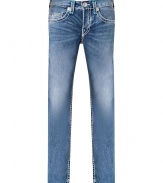 With Western-inspired details, these stylish distressed jeans from True Religion will amp up your casual basics - Classic five-pocket styling, fading details, decorative back pockets with logo detail, contrast stitching - Straight leg, slim fit - Pair with a tee and a blazer or a cashmere sweater