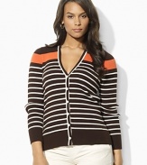 An earthy palette with a modern mix of stripes lends relaxed elegance to the Krystoff cardigan, rendered in stretch ribbed-knit cotton with a buttoned placket for cozy comfort.