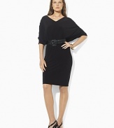 Designed for a flowing silhouette from figure-flattering stretch matte jersey, this dress features slimming ruched dolman sleeves, a V-neckline and a versatile braided leather belt for a stylish silhouette.