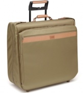 Today's traveler needs a wardrobe at the ready - and this piece carries everything in sleek style. Constructed of lightweight and durable ballistic nylon, garment bag features full-grain leather trim and a finish in antique brass or matte black nickel hardware. Exclusive MT2 Technology provides exceptionally strong wheels, handle and frame.