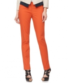 Add T Tahari's pants to your wardrobe rotation this season--their sleek, streamlined style and bold hue make them super stylish while zippered front pockets add a dash of edge. Add T Tahari's pants to your wardrobe rotation this season--their sleek, streamlined style and bold hue make them super stylish while zippered front pockets add a dash of edge.