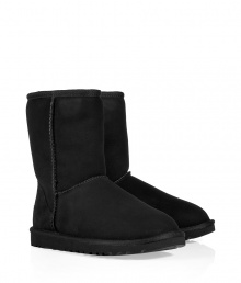 A true original and casually stylish go-to from Ugg, the classic black short boot is a perennial must - Crafted from twin-faced sheepskin and featuring exposed seams, reinforced heel, traction outsole and signature Ugg label - Fleece-lined for superior warmth and comfort - Shorter, mid-calf height ideal for wearing under or over pants - Truly versatile, perfect for pairing with everything from skinny jeans to yoga pants to miniskirts
